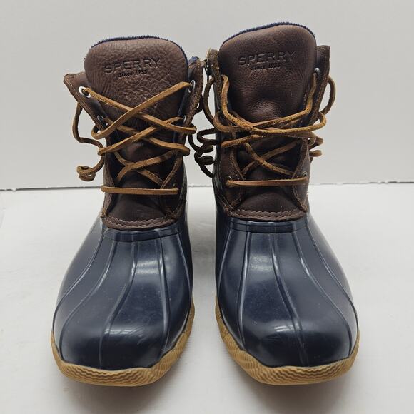 Sperry Saltwater Brown Leather and Navy Duck Rain Winter Boots Size 6 STS91175 - Picture 3 of 7